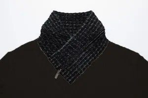 Close-up of men's slim fit knit sweater featuring a unique textured scarf collar with zipper