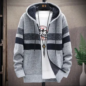 Men's thick fleece-lined hooded cardigan featuring a color block striped knit design.