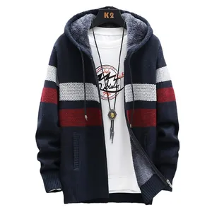 Men's thick fleece-lined hooded knit cardigan with color block stripe design