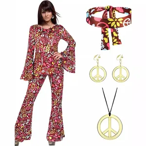 Women's pink hippie disco costume set with flare pants and peace sign accessories