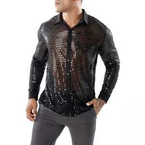 Detailansicht des schwarzen Herren-Paillettenhemds für 70er-Jahre-Disco-Partys