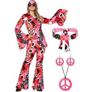 Women's pink hippie disco costume with bell bottom pants and peace sign accessories