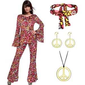 Women's 70s hippie disco costume set with pink floral bell bottoms and peace accessories.
