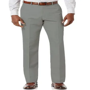 Detailed front view of men's grey linen blend trousers showing straight fit and slant pockets.