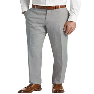 Detail showing the light gray linen fabric and straight-cut design of men's trousers