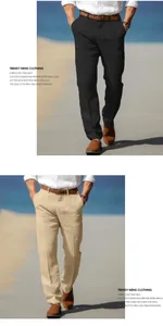 Vista detallada de los pantalones de lino para hombre, corte recto, en negro y beige