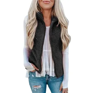 Women's warm fuzzy fleece vest jacket with zipper closure and stand collar design