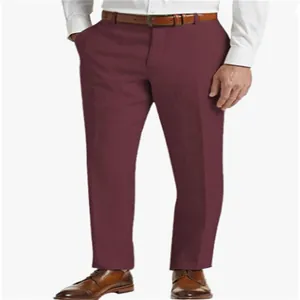 A detailed view of men's fashionable wine red breathable linen trousers with a leather belt
