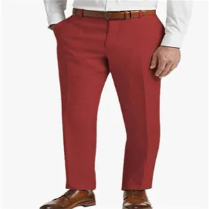 Detail view of men's breathable red linen trousers with a mid-waist straight cut.