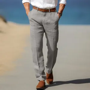 Pantalón de lino gris transpirable para hombre, corte recto para vacaciones de verano