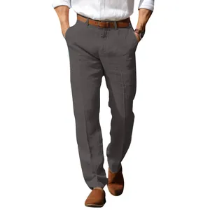 Pantalones de verano para hombre de lino y algodón gris oscuro con pierna recta