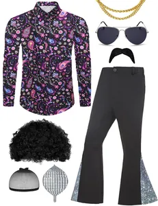 Full 70s disco costume set with paisley shirt, bell-bottoms, and afro wig accessories