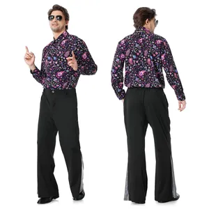 Front and back views of a 70s retro disco outfit with paisley shirt and flared pants