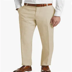 Close-up view of men's breathable khaki linen trousers with professional straight-leg design
