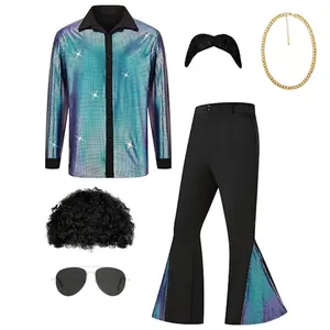 Men's 70s retro disco costume set including shiny shirt, bell bottoms, and accessories.