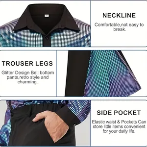 Details of men's 70s disco performance suit featuring glitter fabric and bell bottoms