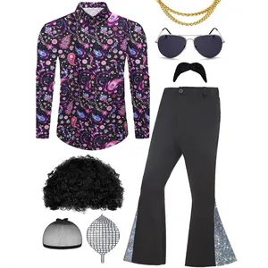 Men 70s Disco Performance Suit Paisley Print Top And Bottom With Silver Sequin Bell Bottom Pants Retro Party Outfit