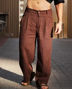 Men Summer Linen Pleated Wide Leg Pants Breathable Cotton Linen Casual Trousers Mid Waist Straight Jogger Bottoms