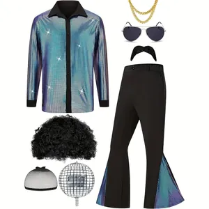 Complete men's 70s retro disco performance costume set with shiny shirt and flare pants
