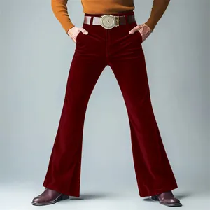 Stylish men's slim fit burgundy velvet flare pants featuring a vintage decorative belt