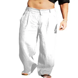 Breathable men's white linen wide-leg trousers with unique pleated texture for summer