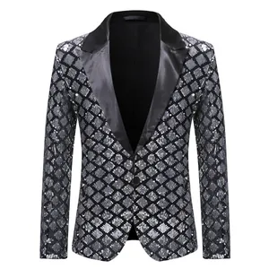 Zilveren pailletten blazer voor heren met ruitpatroon en zwarte revers voor podium