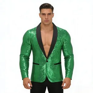 Vooraanzicht van een groene pailletten blazer voor heren met elegante zwarte sjaalkraag