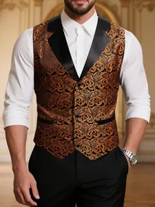 Detail of men's paisley jacquard suit vest with satin lapels for formal events