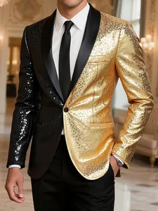 Close-up of a two-tone black and gold sequin blazer for stage and hosting events