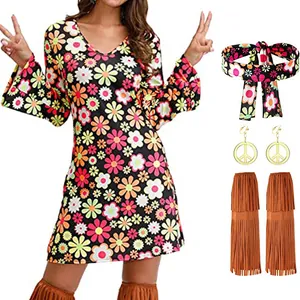70er Hippie Disco Kostümset mit Blumenkleid, Fransenstulpen und goldenen Friedensohrringen