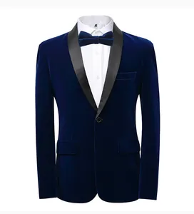 Elegant men's navy blue velvet tuxedo blazer with black satin shawl lapel detail