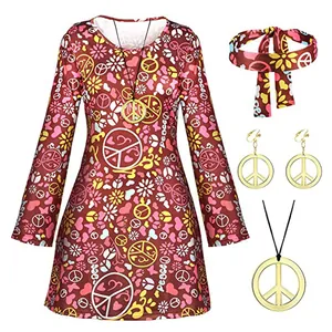 70er Jahre Hippie Disco Kostüm Set mit bedrucktem Kleid, Stirnband und Friedensschmuck