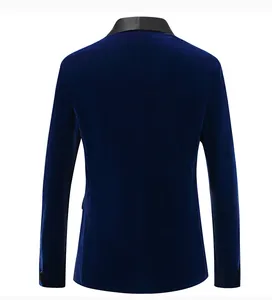 Elegant men's navy blue velvet blazer suit jacket back view with black satin collar detail