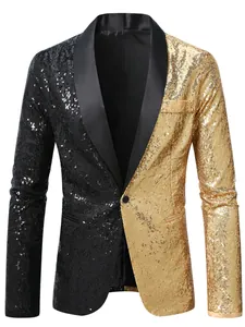 Detailed front view of men's sequin performance blazer with black and gold split design.