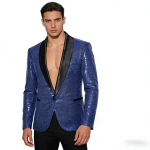Gedetailleerde weergave van een blauwe pailletten blazer voor heren in detail