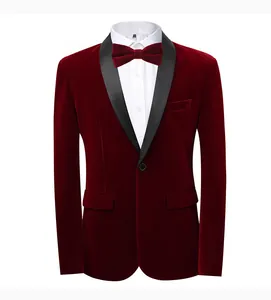 Elegant burgundy velvet tuxedo blazer featuring a black satin shawl lapel and bowtie