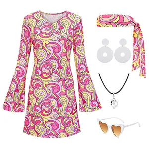 70er Jahre Hippie Disco Kostümset mit Kleid, Stirnband und Party-Accessoires Set