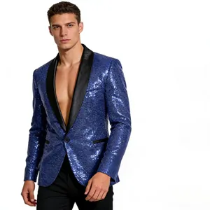 Detail van een heren blauwe pailletten blazer met een stijlvolle zwarte sjaalkraag