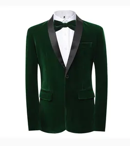 Formal emerald green velvet tuxedo blazer featuring elegant black satin shawl lapels