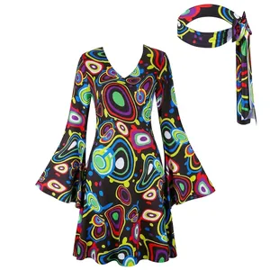 70er Hippie-Disco-Kostümset mit buntem psychedelischem Kleid und passendem Stirnband