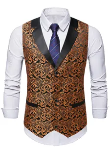 Close-up of men's paisley jacquard suit vest with elegant gold pattern and black lapels.