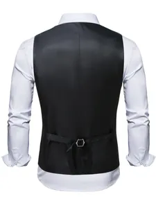 Detailed rear view of a black men's dress suit vest featuring an adjustable buckle strap