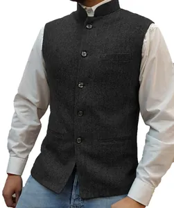 Detail view showing texture of men's dark grey herringbone waistcoat with Mandarin collar