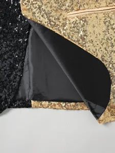 Detailed view of a men's performance blazer featuring black and gold sequins and lining