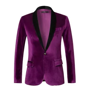 Elegante blazer da uomo in velluto viola con rever a scialle nero e vestibilità slim