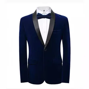 Elegant navy blue velvet tuxedo jacket for men with black shawl lapel and matching bow tie