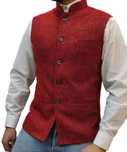 Detailed view of men's red herringbone waistcoat with mandarin collar and 5 buttons