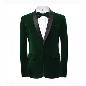 Men's emerald green velvet tuxedo jacket with black shawl lapel and bow tie