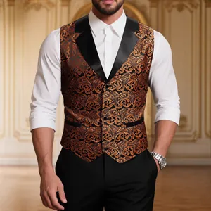 Men Paisley Jacquard Suit Vest Slim Fit Formal Waistcoat For Wedding Party Banquet Western Restaurant Hotel Workwear Top