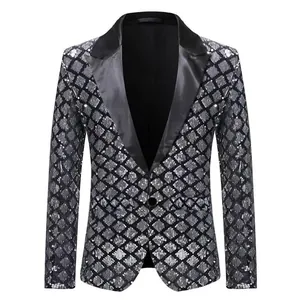 Heren blazer met zilveren ruitvormige pailletten en zwarte revers voor gala en feest